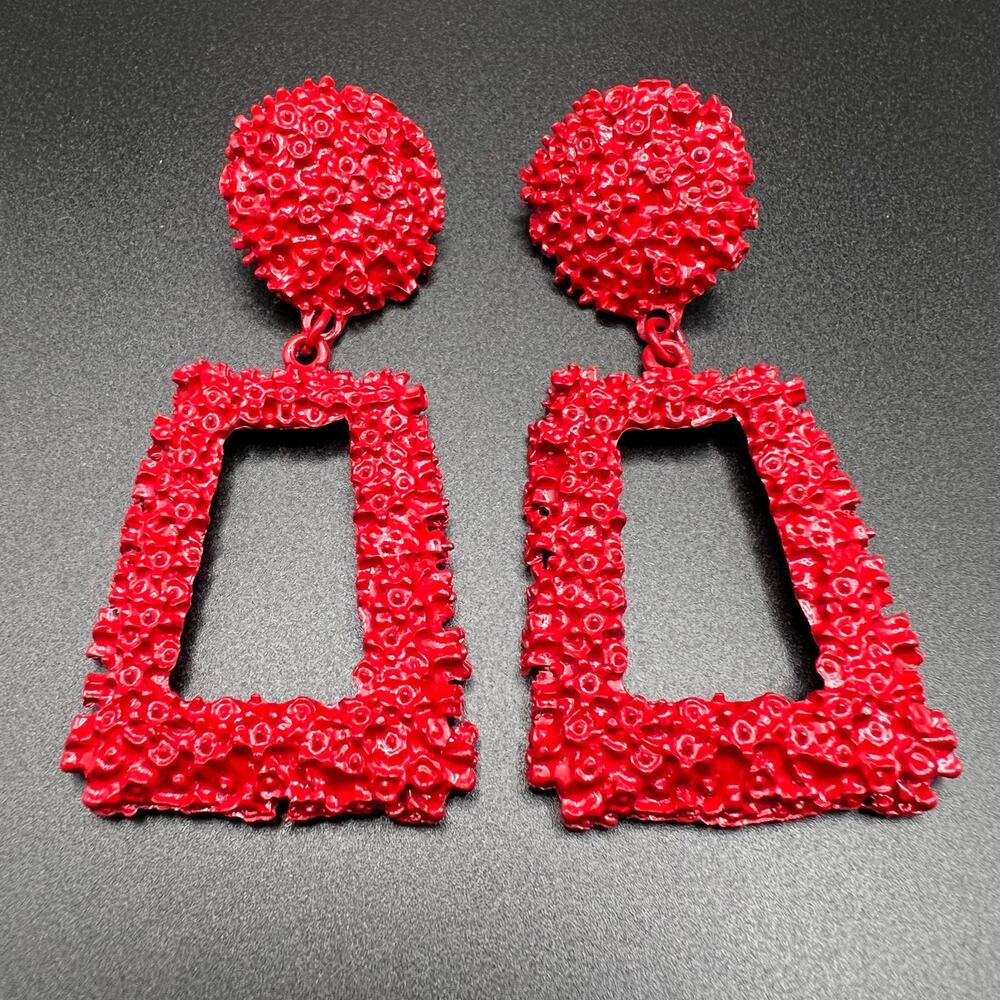 Red Metal Textured Geometric Dangle Earrings